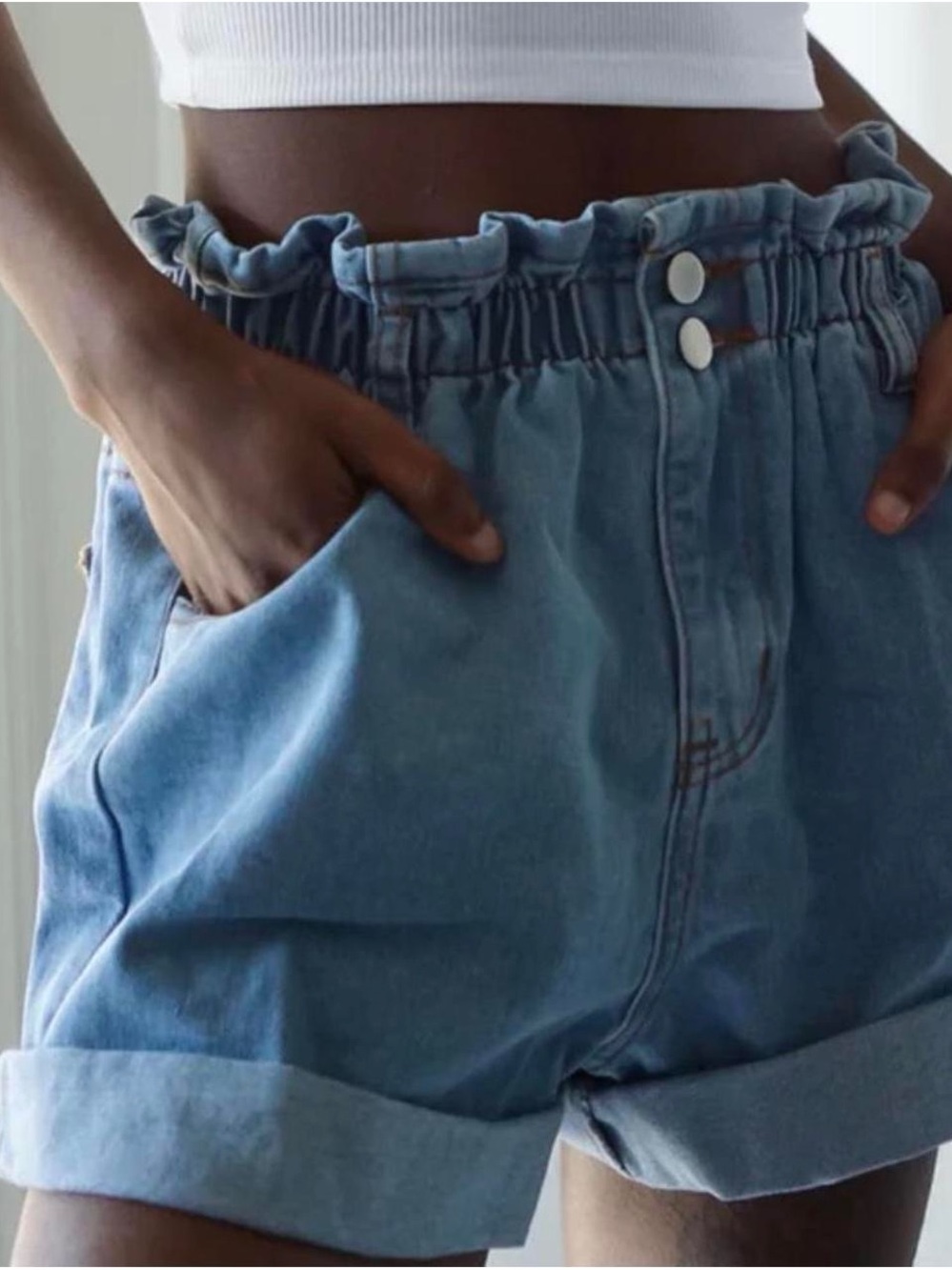 Princess Polly High-Waist Paperbag Denim Shorts - Light Blue
